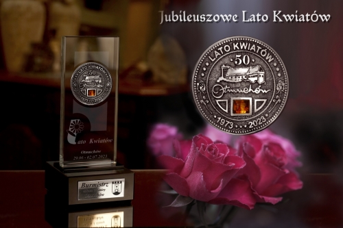 Jubileuszowa moneta z bursztynem z okazji  50 Lata Kwiatów w Otmuchowie - 29 czerwca do 2 lipca 2023 roku.