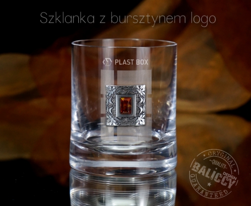 Szklanka do whisky z bursztynem - przykładowe logo.